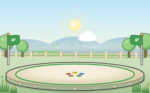 The Sunny Meadow arena, with lollipop trees, a fence and flowers.