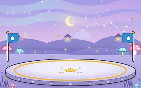 The Starry Night arena, with a crescent moon, stars and glowing mushrooms.