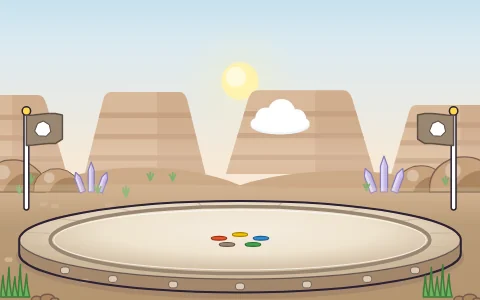 The Pebble Canyon arena, with mesas, boulders and lilac crystals.