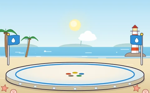 The Splash Lagoon arena, with the sea, a lighthouse and palm trees.