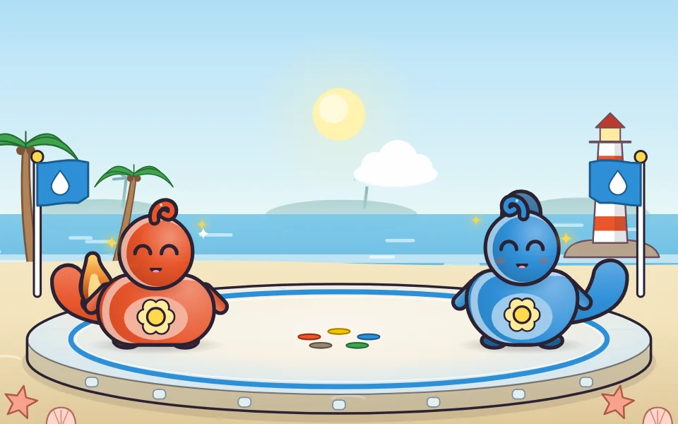 An Ember pet and a Tide pet face each other on the arena ring at Splash Lagoon, with a lighthouse and palm trees behind them.