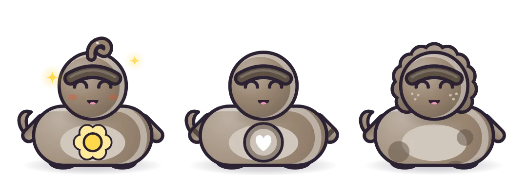 Three grown-up Stone pets: a Bright one with a sun flower, a Brave one with a heart badge and a Wild one with round tufts and freckles.