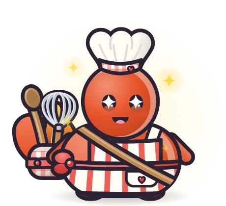 An Ember pet wearing the Little Chef set: Chef's Hat, Striped Apron and Spoon Pack.