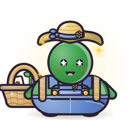 A Leaf pet wearing the Garden Helper set: Sun Hat, Overalls and Seed Basket.