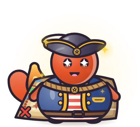 An Ember pet wearing the Pirate set: Tricorn Hat, Striped Vest and Treasure Map Cape.