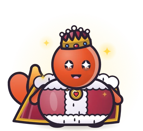 An Ember pet wearing the Royal set: Little Crown, Royal Robe and Royal Cape.