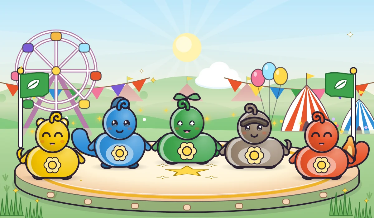 The five Maatjie Arena pets, Spark, Tide, Leaf, Stone and Ember, smiling side by side on the arena ring at the Meadow Fair.