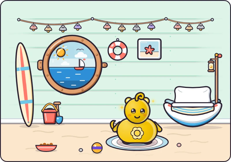 The Beach Hut: a pastel wooden hut with a round porthole onto a sunny sea, a boat bed with a sail-cloth blanket, shell string lights and a surfboard, with a Spark pet in the middle.