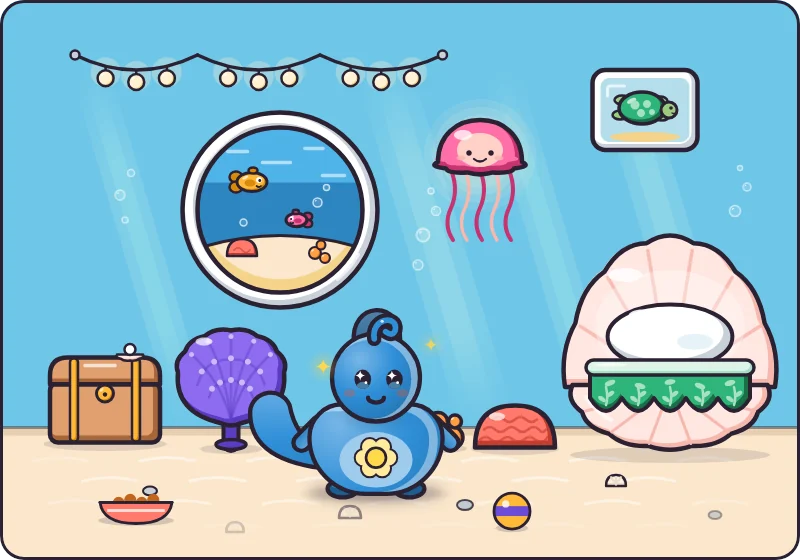 The Coral Reef: an underwater room with soft light rays, a round bubble window with fish, a clam-shell bed, round corals and a glowing jellyfish lamp, with a Tide pet in the middle.