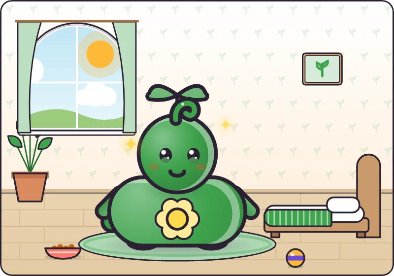 The Cosy Room: a warm room with a rug, a food bowl and a ball, with a Leaf pet standing in the middle.