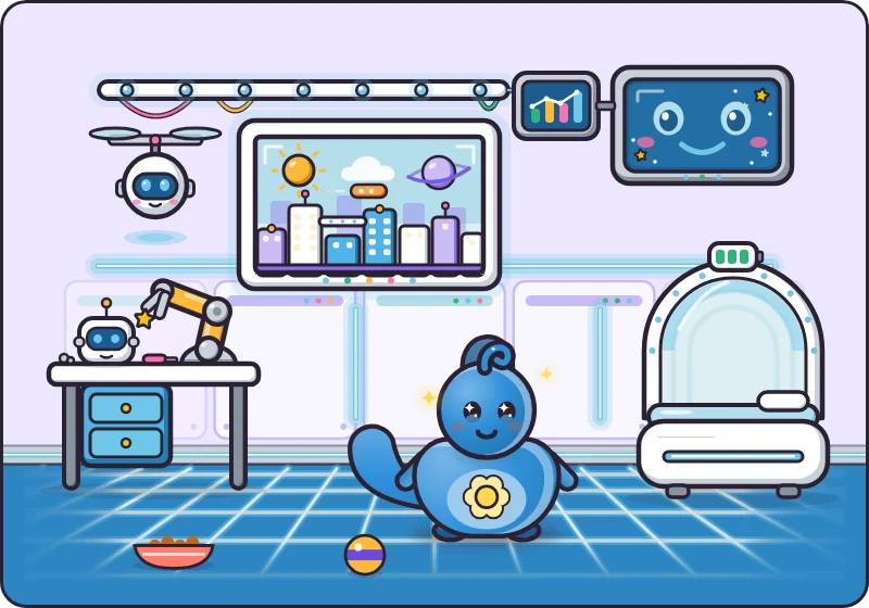 The Robo Lab: a high-tech room with glowing screens, a robot arm, a helper drone, a neon floor grid and a charging pod bed, with a Tide pet in the middle.