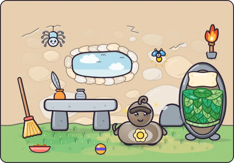 The Rocky Cave: a stone bed with leaves on it, a stone table with an inkpot and a feather, a round window in the rock and a torch on the wall, with a Stone pet in the middle.