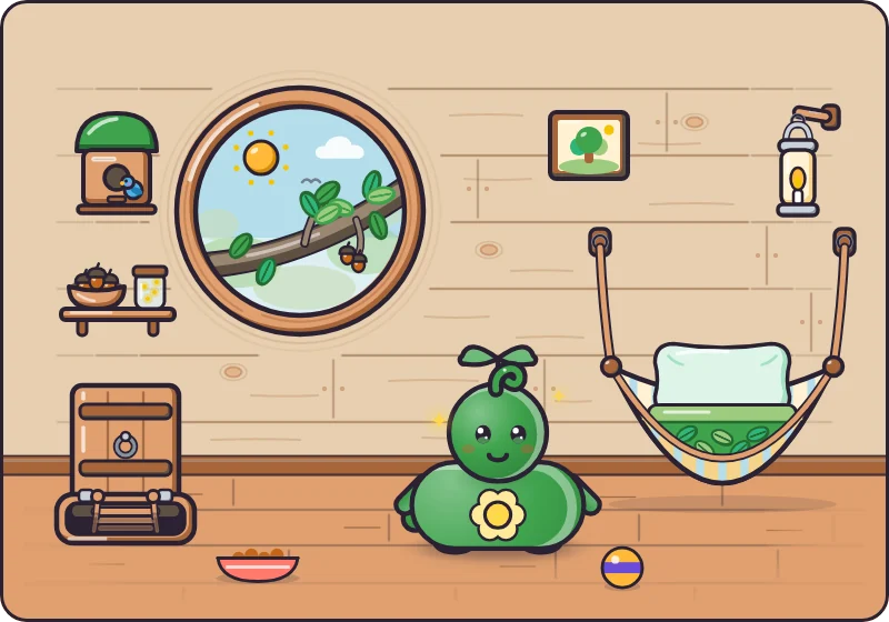 The Treehouse: plank walls, a round knot-hole window onto leafy branches, a hammock bed with a leaf blanket, a lantern on a hook and a bird box, with a Leaf pet in the middle.