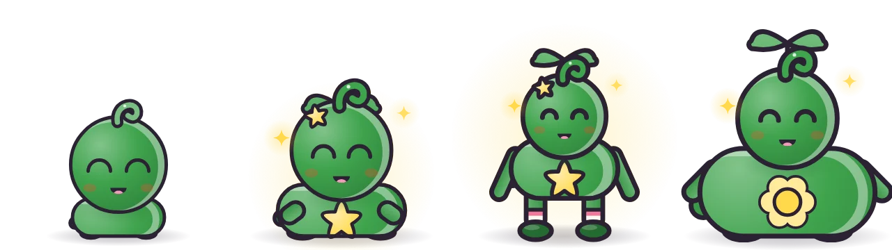 A Leaf pet as a baby, a child, a teen and a grown-up adult, getting bigger each time.