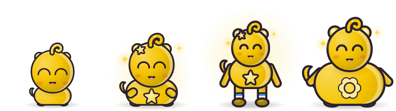 A Spark pet as a baby, a child, a teen and a grown-up adult, getting bigger each time.
